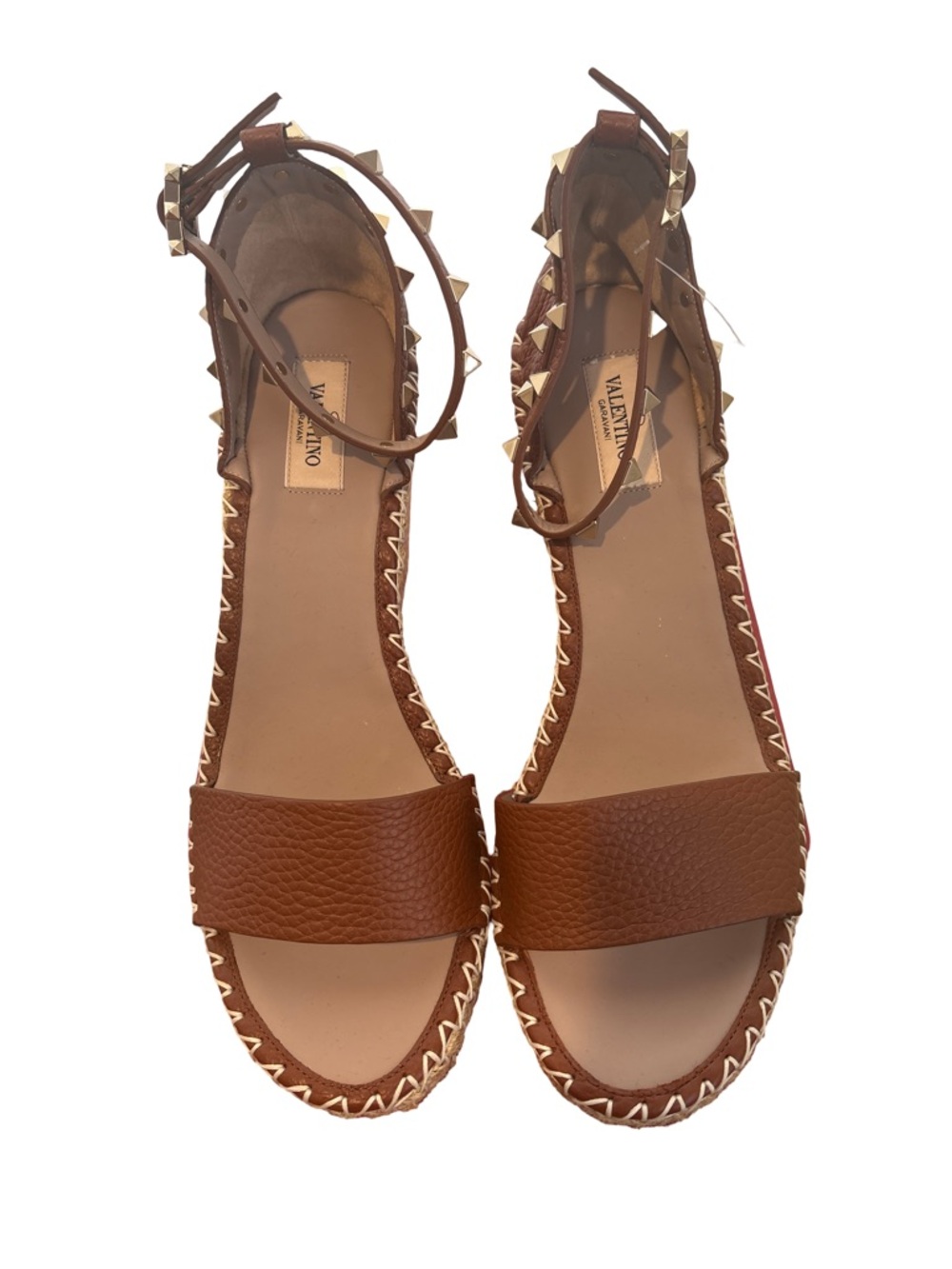 Valentino Tan Brown Leather Stud-Trim Ankle-Strap Sandals